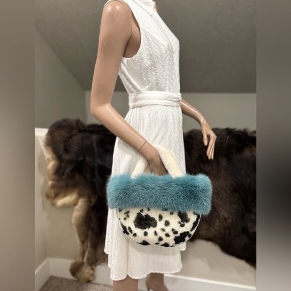 Colorblock Handmade Real Fox Fur & Shearling leather Top Handles Bag/Multi Use - Picture 8 of 16